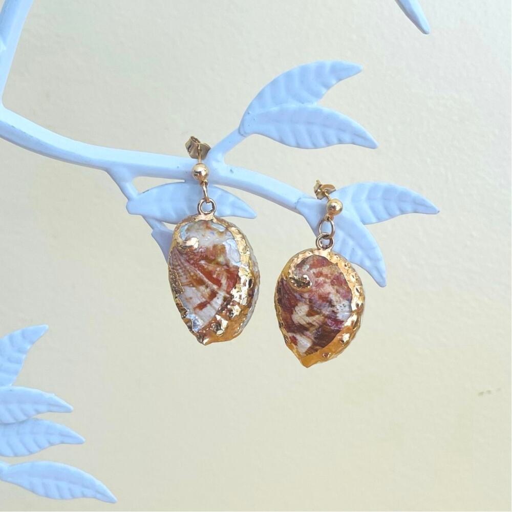 Vtg Natural Abalone Shell Gold Gilded Overlay Earrings Iridescent Coastal Pierce